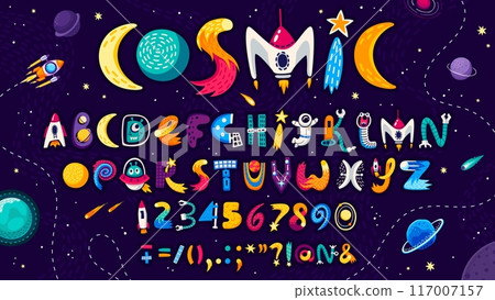 Cartoon space font for universe type or galaxy typeface, vector English alphabet letters. Kids cartoon space font or galaxy typeset with alien UFO, spaceman astronaut, rocket spaceship in cartoon type 117007157
