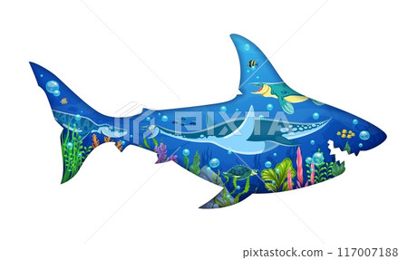Prehistoric megalodon paper cut silhouette. Vibrant vector shark-shaped frame with underwater scene features ancient marine creatures surrounded by coral reefs and aquatic plants in the ocean Prehistoric megalodon paper cut silhouette. Vibrant vector shark-shaped frame with underwater scene features ancient marine creatures surrounded by coral reefs and aquatic plants in the ocean 117007188