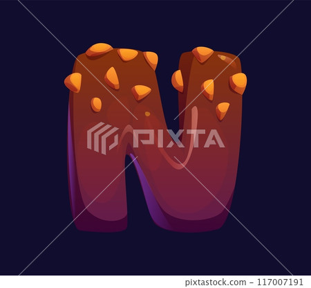 Letter N cartoon chocolate candy and confectionery alphabet, sweets typeface, cookie font, type. Isolated vector typography letterform symbol covered with glossy brown choco glaze and nut sprinkles Letter N cartoon chocolate candy and confectionery alphabet, sweets typeface, cookie font, type. Isolated vector typography letterform symbol covered with glossy brown choco glaze and nut sprinkles 117007191