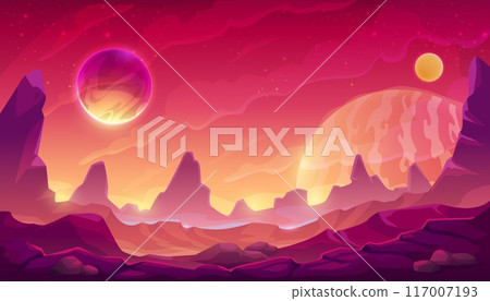 Fantastic space planet surface, mars red mountains landscape and glowing celestial bodies in purple sky. Cartoon vector game level background, futuristic scenery evoking sense of wonder and adventure 117007193