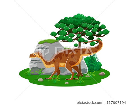 Plateosaurus prehistoric dinosaur in its natural habitat. Isolated vector vector dino stands among lush greenery and rocky terrain, with tall tree and plants at vivid Mesozoic-era ancient ecosystem 117007194