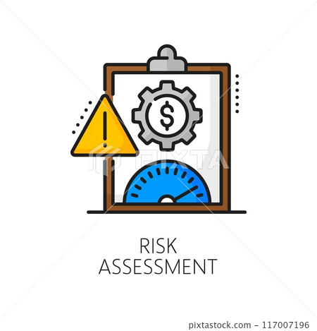 Color risk assessment line icon of business audit. Vector outline report document of internal audit checklist clipboard isolated symbol with triangle attention sign and risk assessment meter scale 117007196