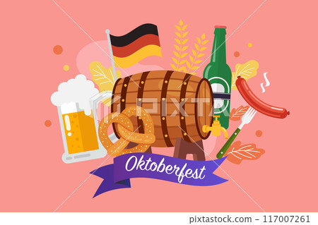 Oktoberfest banner with beer barrel sausage and pretzel 117007261