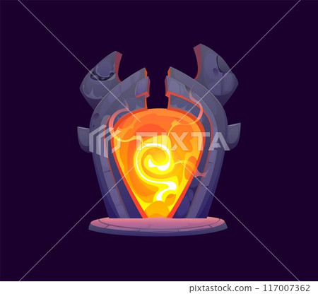 Magic portal door, fantasy game asset. Isolated vector orange and yellow magical doorway with a fiery swirling plasma energy glows brightly within a broken stone arch. Time travel adventure game gate 117007362