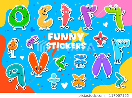 Arabic numbers numeral characters stickers. Isolated cartoon vector patches feature colorful, anthropomorphic arab digits from 0 to 9. Playful educational symbols for kids arithmetic counting learning Arabic numbers numeral characters stickers. Isolated cartoon vector patches feature colorful, anthropomorphic arab digits from 0 to 9. Playful educational symbols for kids arithmetic counting learning 117007365