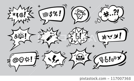 Swear speech bubbles, comic aggressive expletive curse, hate angry talk. Vector clouds with expressive typography signs inside of dialogue boxes, convey intense emotions, aggression and profanity 117007368