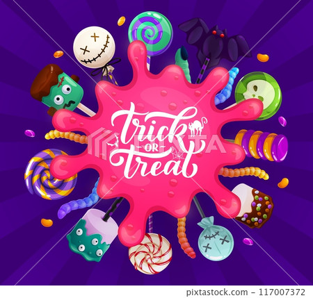 Halloween pink slime blob with holiday sweets and candies. Trick or treat banner. Cartoon vector delectable spread of festive desserts and spooky appetizing delights around of whimsical oozing spot 117007372