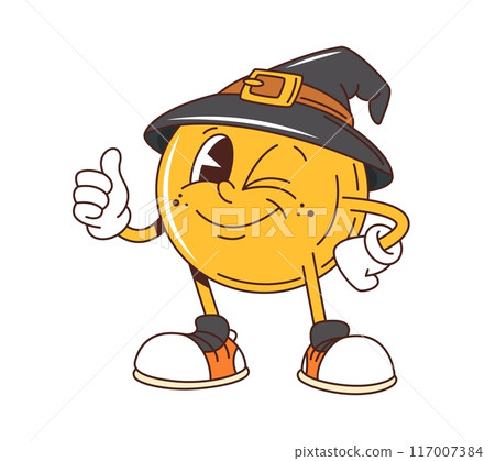 Cartoon groovy Halloween funny emoji character. Yellow smile ball with expressive eyes, gloves and sneakers, wearing a witch hat, winking and giving a thumbs-up, showcasing cheerful and festive vibes Cartoon groovy Halloween funny emoji character. Yellow smile ball with expressive eyes, gloves and sneakers, wearing a witch hat, winking and giving a thumbs-up, showcasing cheerful and festive vibes 117007384