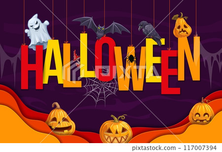 Halloween paper cut letters, pumpkins and holiday characters vector background. Halloween horror night and trick or treat greeting with papercut scary pumpkins, boo ghosts and letters on spiderweb 117007394