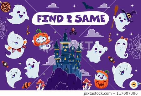 Find two same Halloween kawaii ghost characters, kids game worksheet. Matching quiz puzzle with vector personages of Halloween holiday ghosts and spirits, pumpkins, trick or treat sweets, castle, bats 117007396