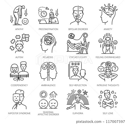 Psychological disorder problems, mental health icons. Psychotherapy or cognitive disorder or mental health thin line vector icons. Apathy, euphoria and anxiety, neurosis problems line pictograms set Psychological disorder problems, mental health icons. Psychotherapy or cognitive disorder or mental health thin line vector icons. Apathy, euphoria and anxiety, neurosis problems line pictograms set 117007397
