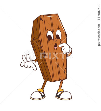 Cartoon groovy Halloween coffin casket character. Isolated vector whimsical wooden hearse, quirky and fun funereal personage with expressive eyes, gloves, and sneakers is making a surprised face 117007400