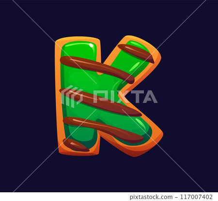 Letter K cartoon candy and confectionery alphabet, sweets typeface, font chocolate cookie type. Vector playful typography symbol. Green letterform with cocoa drizzle on top and glossy appetizing glaze 117007402