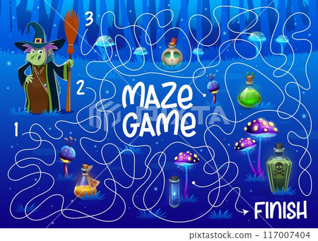 Halloween labyrinth maze, help to witch find a magic potion bottle on fairytale forest meadow kids game vector worksheet. Pathfinding puzzle quiz of cartoon witch character with broom, elixir flasks Halloween labyrinth maze, help to witch find a magic potion bottle on fairytale forest meadow kids game vector worksheet. Pathfinding puzzle quiz of cartoon witch character with broom, elixir flasks 117007404