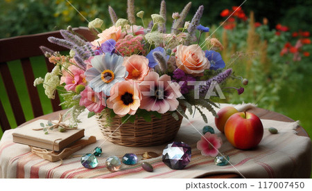 Beautiful August birth flowers in a basket on a wooden table in a garden Beautiful August birth flowers in a basket on a wooden table in a garden 117007450