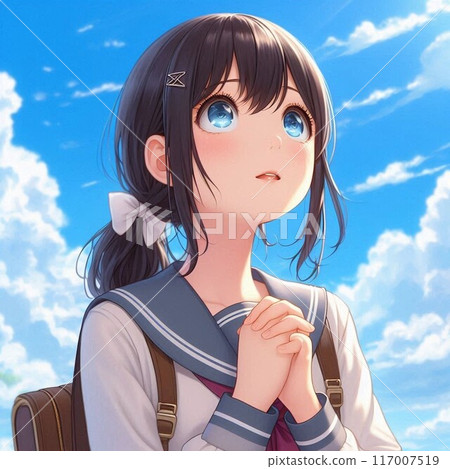 A girl in uniform looking up at the blue sky with a hopeful expression 117007519