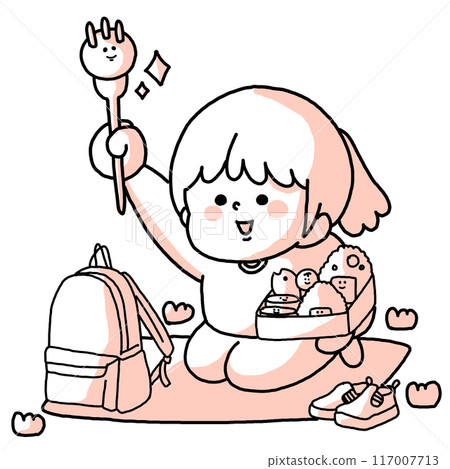 一個女孩在實地考察時高興地舉著便當配菜 一個女孩在實地考察時高興地舉著便當配菜 117007713