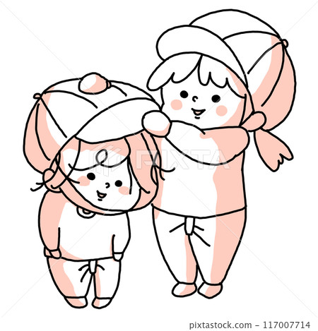 一個小妹妹幫比自己小的孩子戴帽子 一個小妹妹幫比自己小的孩子戴帽子 117007714