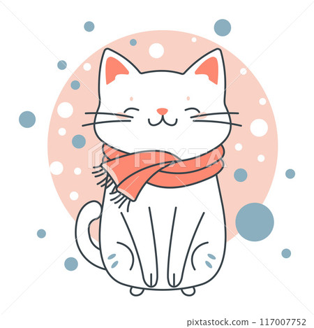 Cute Adorable White Cat Cartoon Character Wearing Scarf in Winter with Smiling Expression Cute Adorable White Cat Cartoon Character Wearing Scarf in Winter with Smiling Expression 117007752