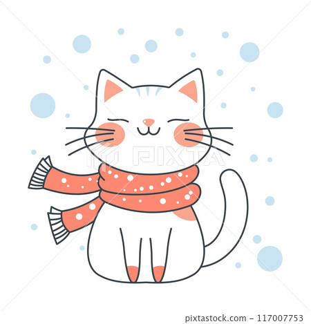 Cute Adorable White Cat Cartoon Character Wearing Scarf in Winter with Smiling Expression Cute Adorable White Cat Cartoon Character Wearing Scarf in Winter with Smiling Expression 117007753