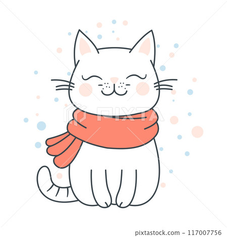 Cute Adorable White Cat Cartoon Character Wearing Scarf with Smiling Expression 117007756
