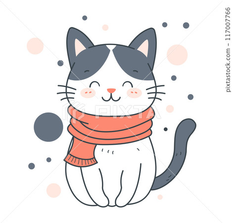 Cute Adorable Grey Cat Animal Cartoon Character Wearing Scarf with Smiling Expression 117007766
