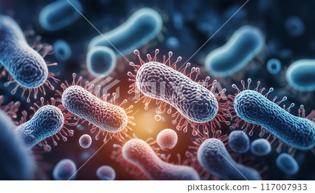 Microscopic images of different types of bacteria roaming around in the body 117007933