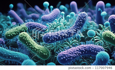 Microscopic images of different types of bacteria roaming around in the body 117007946