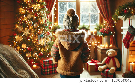 Back view of a child watching snowfall on Christmas day 117008042