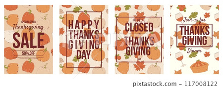 Happy Thanksgiving day poster set. Thanksgiving dinner. Special offer and sale. We will be Closed for Thanksgiving day. Flat vector illustration Happy Thanksgiving day poster set. Thanksgiving dinner. Special offer and sale. We will be Closed for Thanksgiving day. Flat vector illustration 117008122