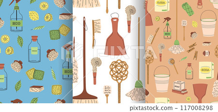 Seamless patterns collections of eco-friendly cleaning products. Organic natural ecological cleaners. Flat vector illustration 117008298