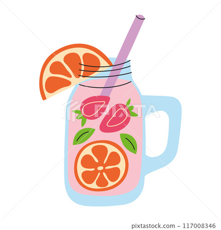 Vector illustration of refreshing summer drink in pitcher with strawberries, orange slices. Cute colorful flat design. Lemonade, mocktail or cocktail with drinking straw icon. Cold beverage for party 117008346