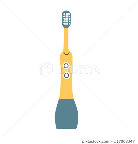 Vector illustration of electric toothbrush with two buttons. Doodle style brush, flat cartoon image for dental care, teeth health, hygiene tool, personal care concepts, isolated colored clipart 117008347