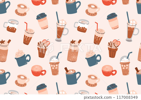Seamless coffee cups pattern on beige background. Vector illustration with flat, cartoon style. Perfect for cafe decor, wallpaper, wrapping paper design. Includes coffee mugs, iced drinks 117008349
