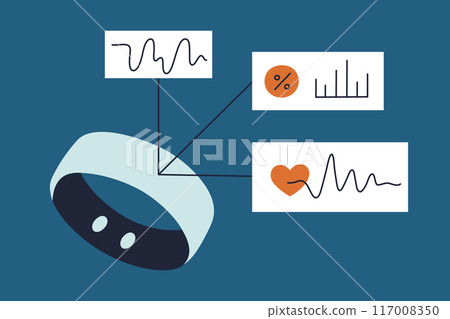 Sleep tracker vector illustration. Smartwatches, fitness bracelet, ring for monitoring sleep phases, heart rate, sleep mode. Flat cartoon style, wearable technology for sleep hygiene, health tracking 117008350