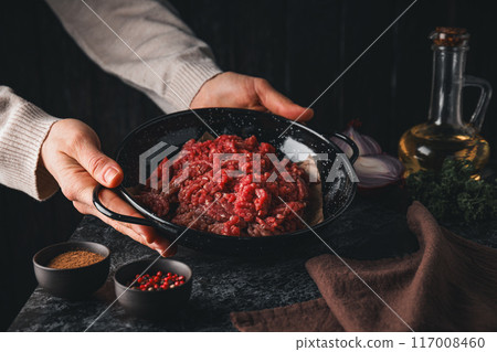 Ground meat, concept of cooking tasty meat food Ground meat, concept of cooking tasty meat food 117008460