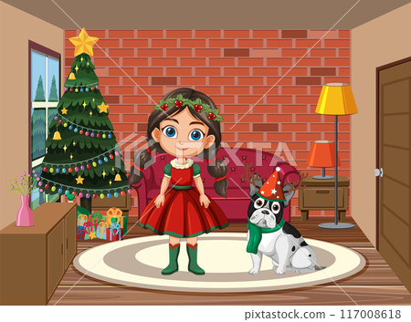 Christmas Celebration with Girl and Dog Christmas Celebration with Girl and Dog 117008618