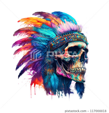 Vibrant, detailed digital artwork of a skull adorned with a Native American headdress, featuring colorful feathers and intricate designs. Perfect for edgy, artistic projects. 117008818