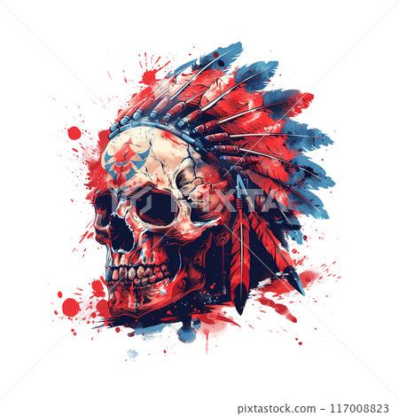 Vibrant, detailed digital artwork of a skull adorned with a Native American headdress, featuring colorful feathers and intricate designs. Perfect for edgy, artistic projects. 117008823
