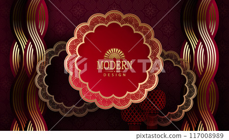 Happy Chinese New Year, card with round frame and Asian elements Happy Chinese New Year, card with round frame and Asian elements 117008989
