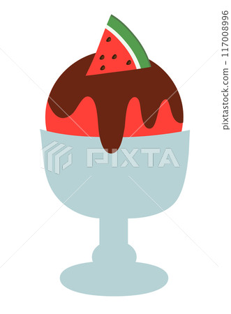 Ice cream in glass cup with chocolate and watermelon. Summer time sweet food. Vector flat illustration. 117008996