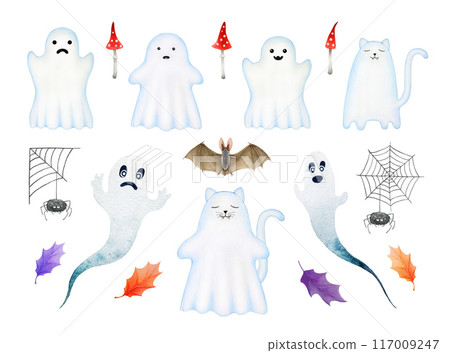 Funny ghost painted illustration set. Hand drawn scary Halloween traditional element. Spooky ghost Halloween collection isolated on white background. Funny spirit horror boo symbol 117009247