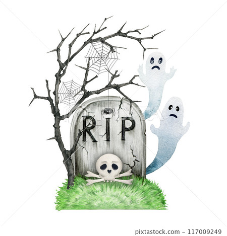 Old stone grave with scull, bones, old growing tree, spider web scary ghosts painted illustration. Hand drawn gravestone spooky Halloween element. Old stone tomb with rip sign scary Halloween symbol Old stone grave with scull, bones, old growing tree, spider web scary ghosts painted illustration. Hand drawn gravestone spooky Halloween element. Old stone tomb with rip sign scary Halloween symbol 117009249