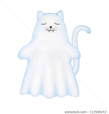 Cute cat ghost painted illustration. Hand drawn scary Halloween traditional element. Spooky kitty ghost with a tail isolated on white background. Funny spirit horror kitty boo Halloween symbol Cute cat ghost painted illustration. Hand drawn scary Halloween traditional element. Spooky kitty ghost with a tail isolated on white background. Funny spirit horror kitty boo Halloween symbol 117009253