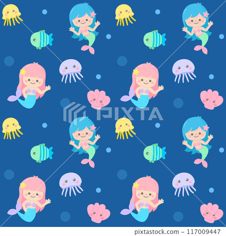 cute kid seamless pattern sea mermaid party illustration 117009447