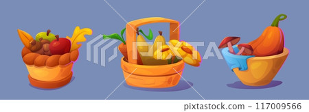 Wicker basket with autumn fruits and vegetables. Wicker basket with autumn fruits and vegetables. 117009566