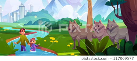 Scared children in river water near wild wolves. 117009577