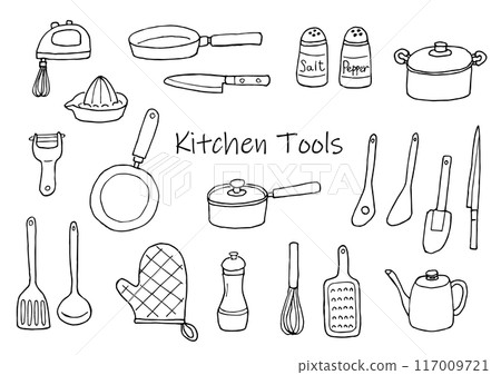 Kitchen tool illustration set (hand-drawn) monochrome 117009721