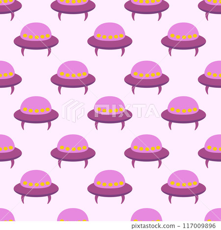 Alien purple spaceship, spacecrafts and UFO Seamless Pattern. Cosmic ship in form saucer for transportation. Children design. Vector cartoon flat illustration. Alien purple spaceship, spacecrafts and UFO Seamless Pattern. Cosmic ship in form saucer for transportation. Children design. Vector cartoon flat illustration. 117009896