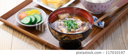 This is a Japanese dish: Natto soup (natto miso soup and rice) breakfast image 117010197